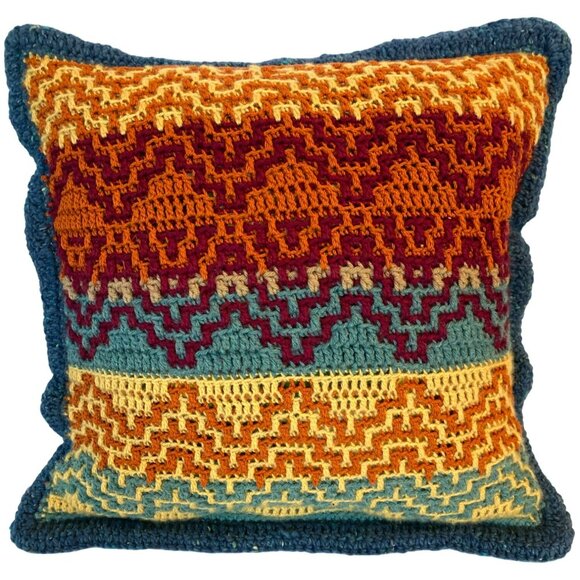 Vintage Knit Crochet Pillow Cover 1970's Mod Retro Hand Crafted 17"x17" - Picture 3 of 5